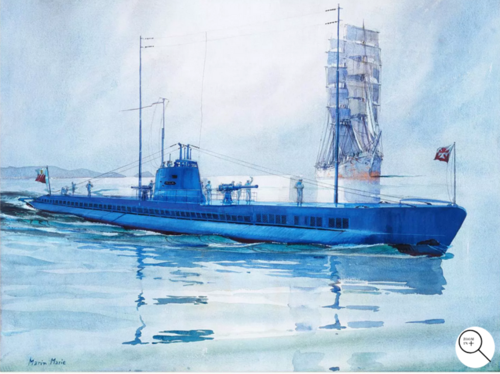 Tableau de Marin-Marie représentant le Wilk, sous-marin mouilleur de mines polonais en 1931. Au fond un grand voilier